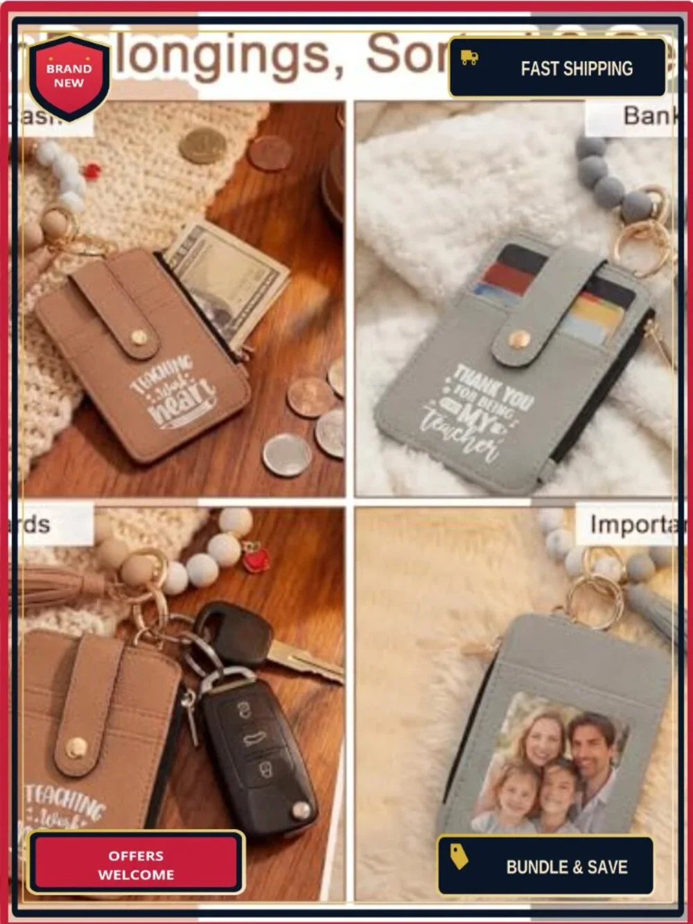 Set of 5 Teacher Appreciation Wristlet Wallets PU Leather Card Holder Bracelet